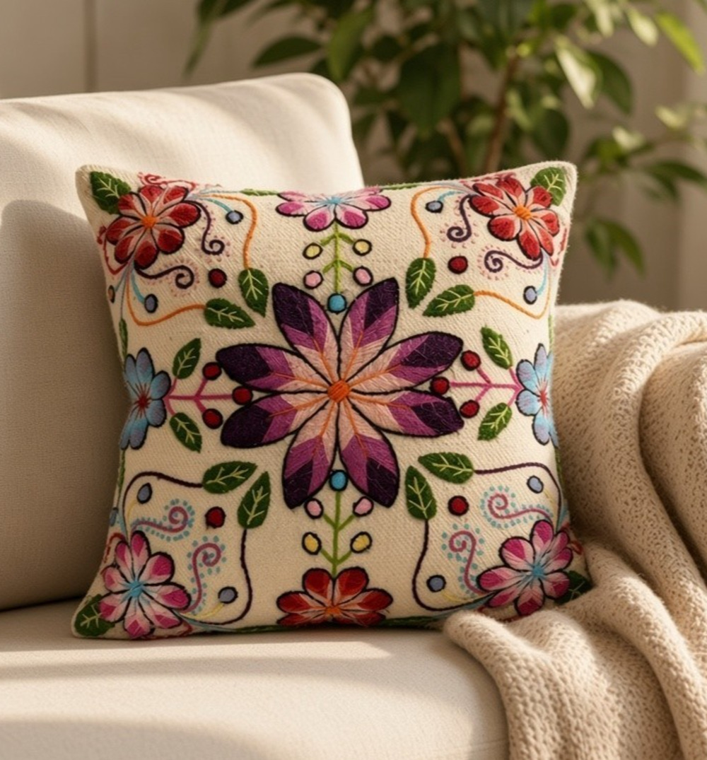 Peruvian Andean Folk Art Hand Embroidered Floral Throw Pillow 16x16 Feather Fill